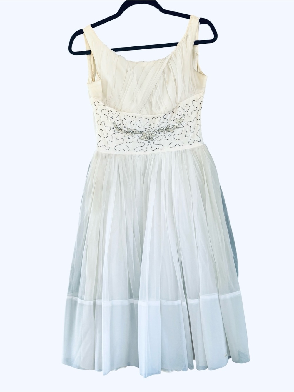 Vintage 1950’s Tea-Length Chiffon Tulle Beaded Rhinestone Party Prom Dress Sz XS